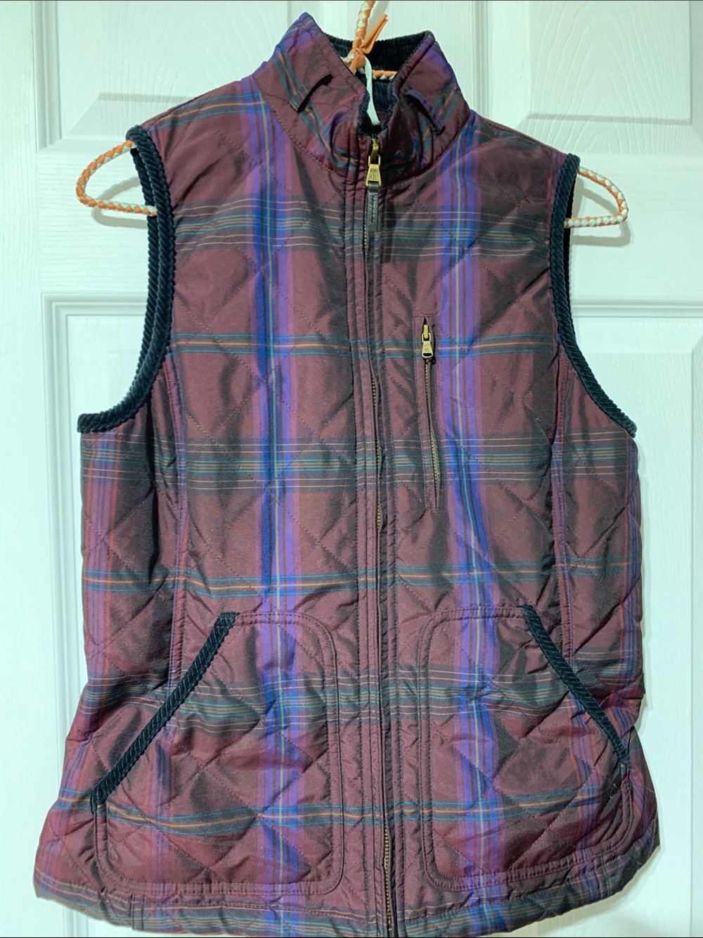 Ralph Lauren Burgundy Quilted Vest with Blue Plaid Trim